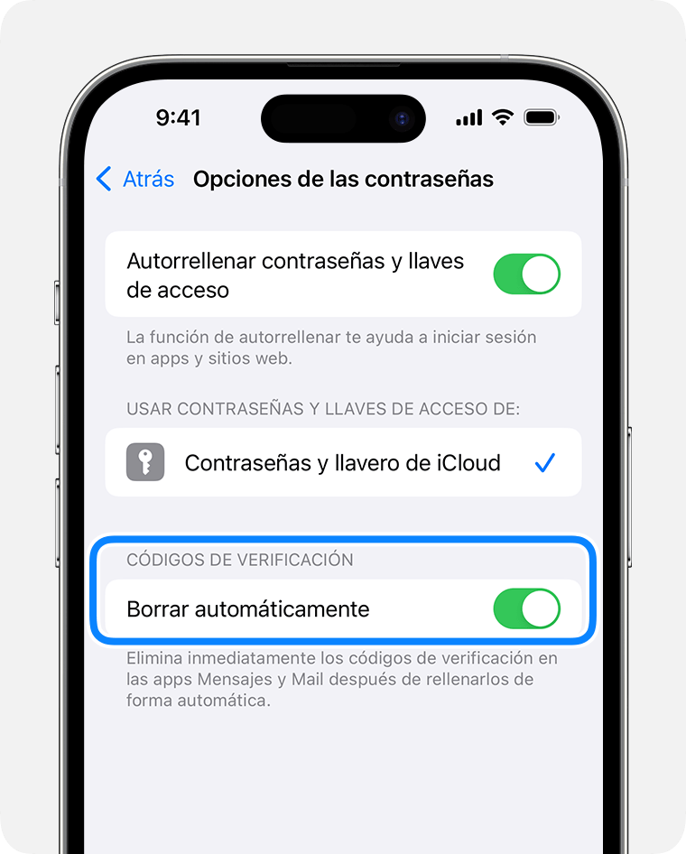 En iOS 17 y versiones posteriores, Mensajes puede eliminar automáticamente los mensajes que contienen códigos de verificación de contraseña después de haber usado el código. 