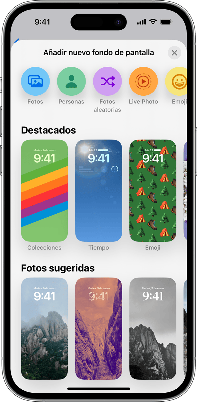 Opciones para añadir un nuevo fondo de pantalla en iOS 16.