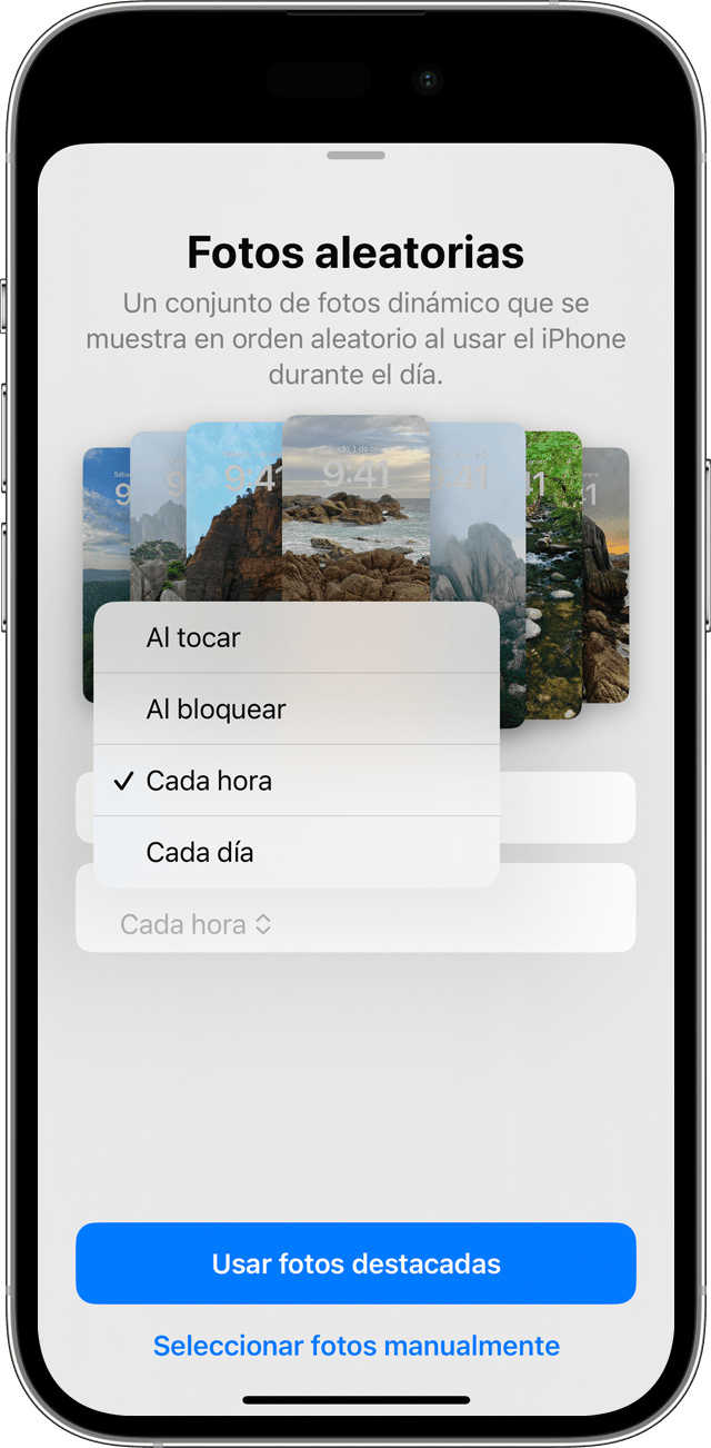 Las opciones de frecuencia de Fotos aleatorias cuando configuras varias fotos para que vayan cambiando como pantalla de bloqueo en el iPhone.