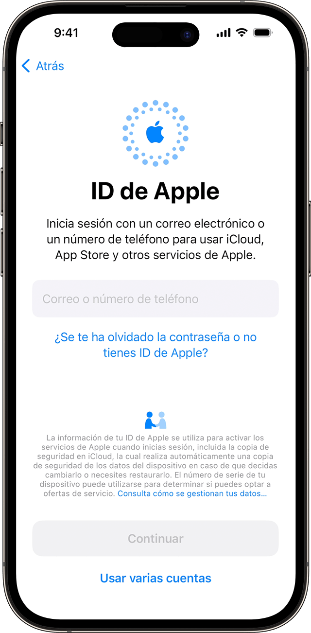 Utiliza tu dirección de correo electrónico o número de teléfono para iniciar sesión con el ID de Apple durante el proceso de configuración del iPhone en iOS 17.