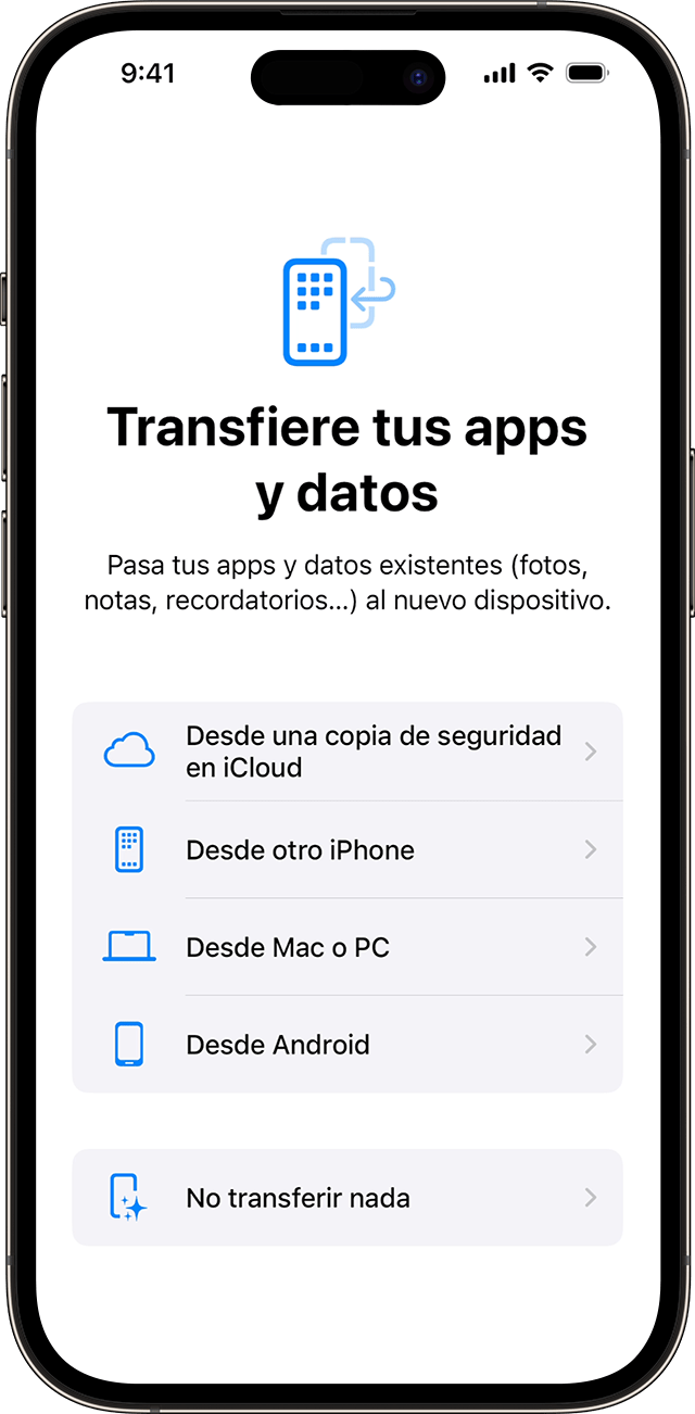 Las opciones de transferir apps y datos al configurar un iPhone en iOS 17