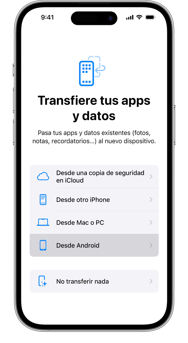 Durante el proceso de transferencia, puedes elegir qué apps e información quieres transferir.