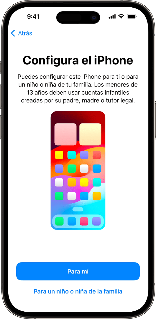 Durante el proceso de configuración del iPhone en iOS 17, puedes elegir si el nuevo teléfono es para ti o para una persona menor de tu familia.