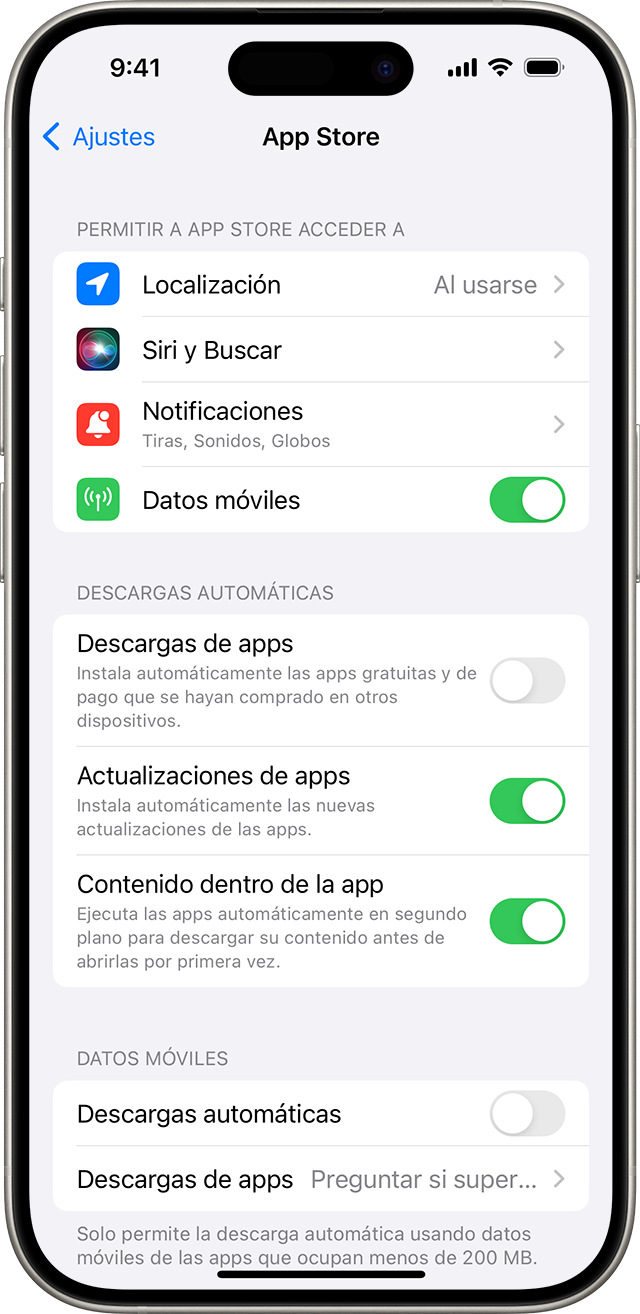 iPhone que muestra las opciones del App Store en Ajustes, incluidas las actualizaciones de apps.