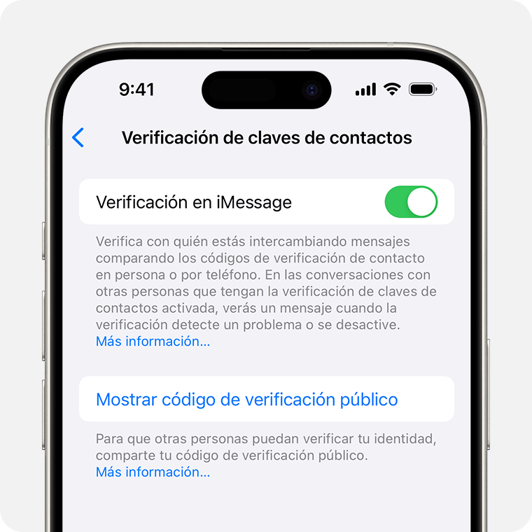 En los ajustes de Verificación de claves de contactos, toca Mostrar código de verificación público para compartir tu código público.