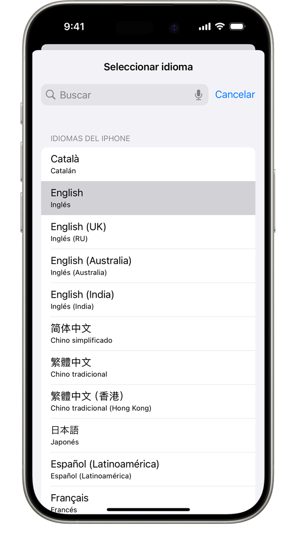 iPhone que muestra la lista de idiomas del sistema disponibles, con el francés resaltado.