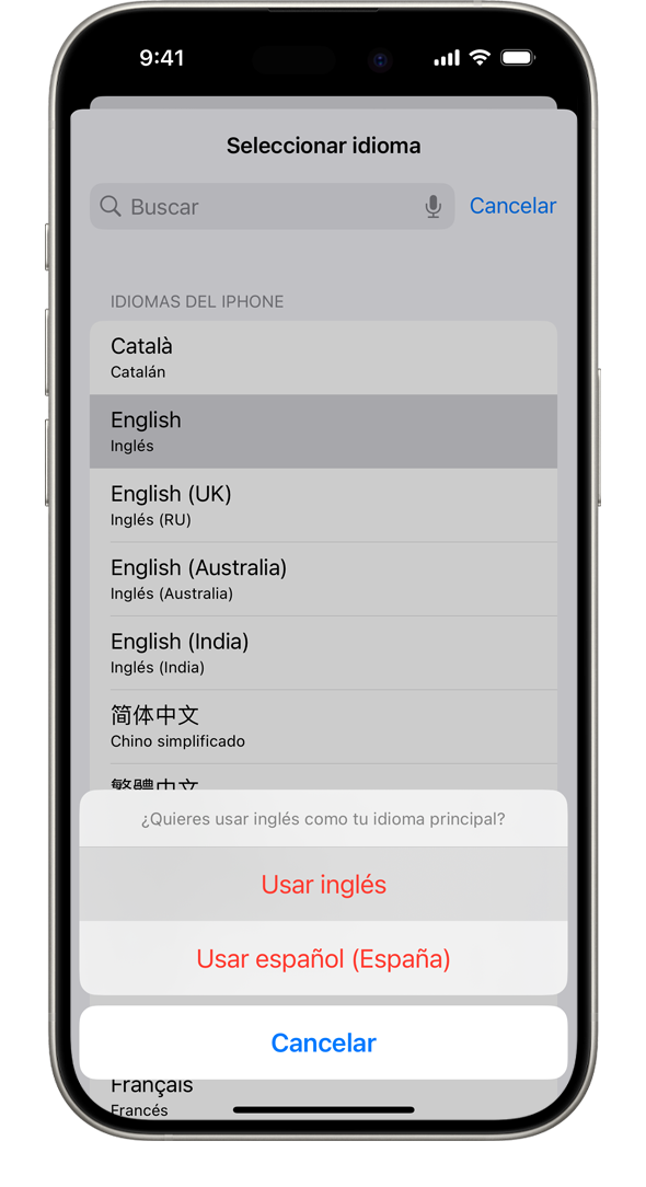 iPhone que muestra una alerta que dice: “¿Te gustaría usar el francés como idioma principal?” Las opciones que se muestran son Usar francés, Usar inglés (EE. UU.) y Cancelar.
