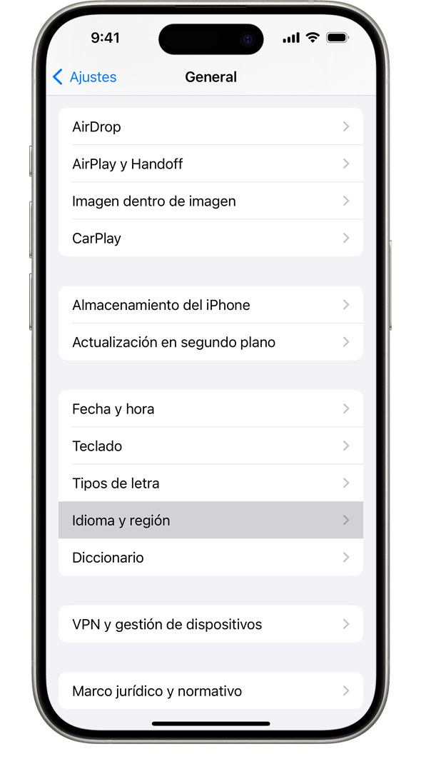 iPhone que muestra el menú de ajustes General, con la opción Idioma y región resaltada.