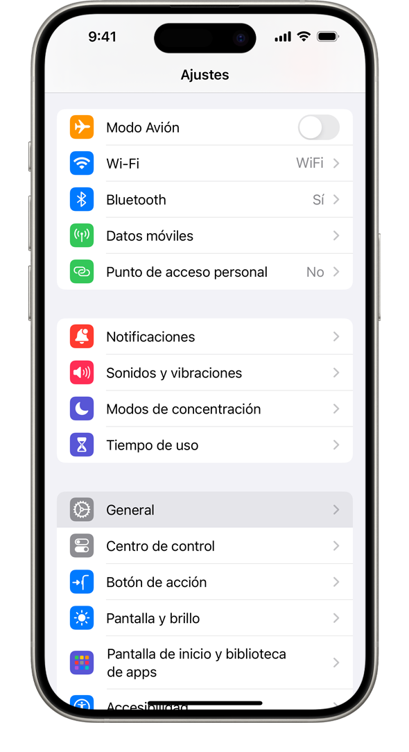 iPhone que muestra la app Ajustes con la opción General resaltada, debajo de Tiempo de uso.