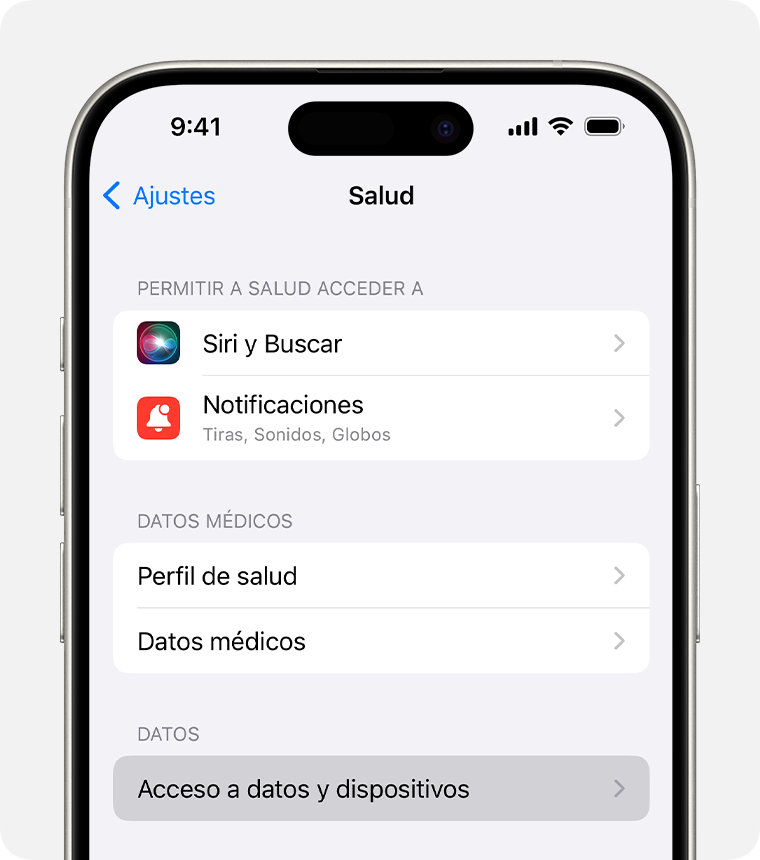 En la configuración de Salud del iPhone, puedes ajustar la configuración, como el acceso de Siri a los datos de salud.
