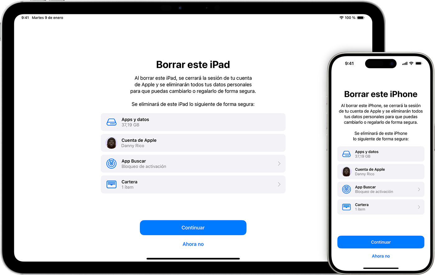 Un iPad y un iPhone que muestran los elementos que se eliminan si borras el contenido del dispositivo