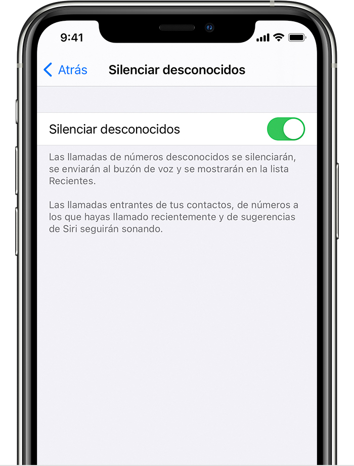 iPhone que muestra cómo activar la opción “Silenciar números desconocidos”