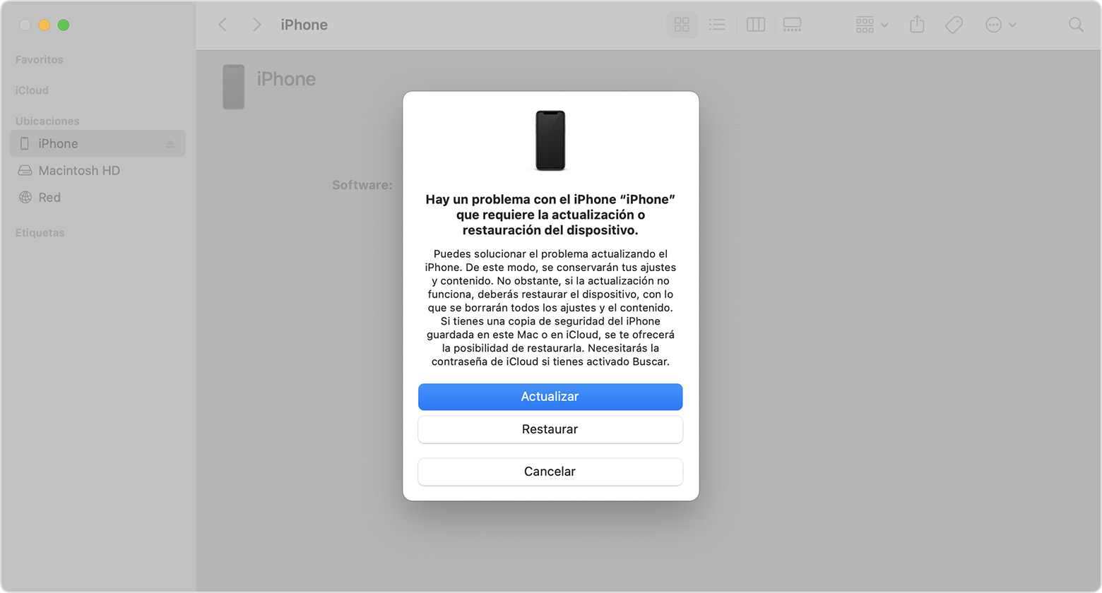 Una ventana del Finder en un Mac que muestra las opciones para restaurar o actualizar el iPhone