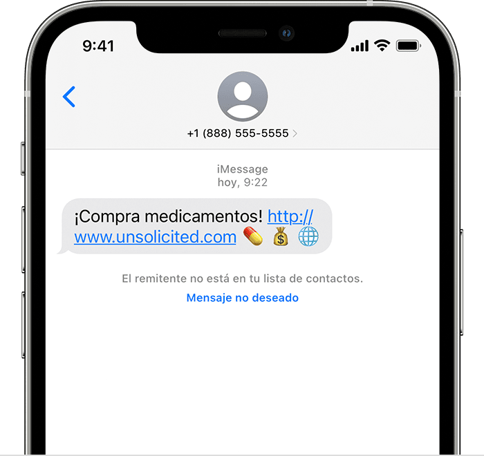 iPhone que muestra la opción de informar de un iMessage como correo no deseado