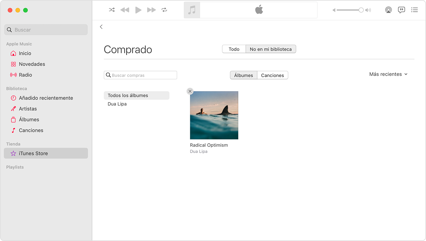 App Música para Mac en la que puede verse el botón Ocultar compras sobre un artículo comprado