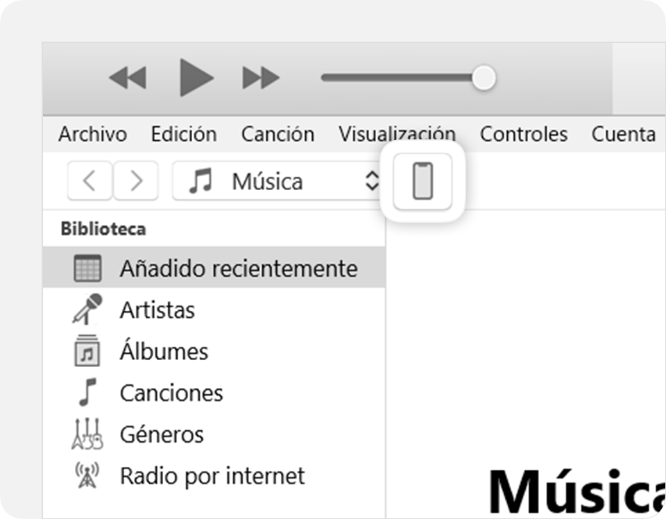 La ventana de iTunes muestra un icono del dispositivo conectado en la esquina superior derecha