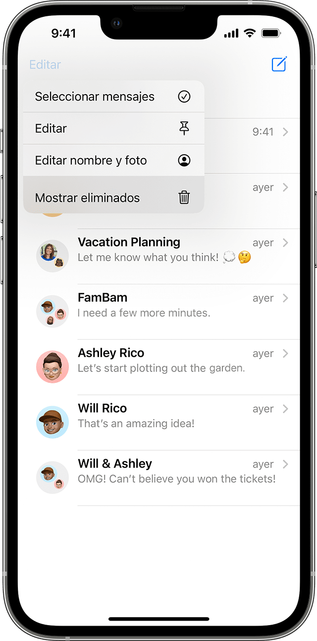 En la página de conversaciones de Mensajes, toca Editar para encontrar la opción de mostrar los mensajes eliminados recientemente.