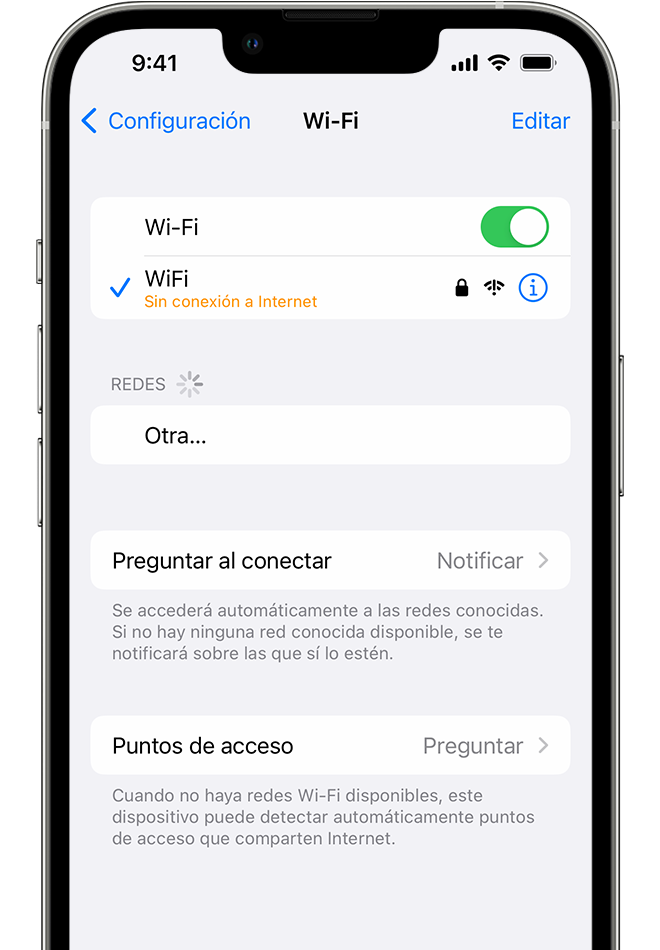 Un iPhone en el que se muestra la pantalla de Wi-Fi. Hay un mensaje de alerta debajo del nombre de la red Wi-Fi.