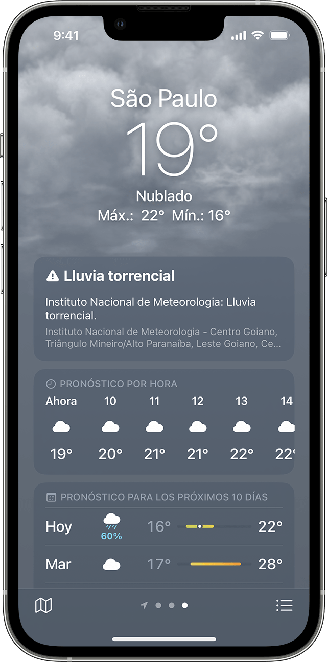 iPhone en el que se muestra información sobre condiciones climáticas adversas en la app Clima.