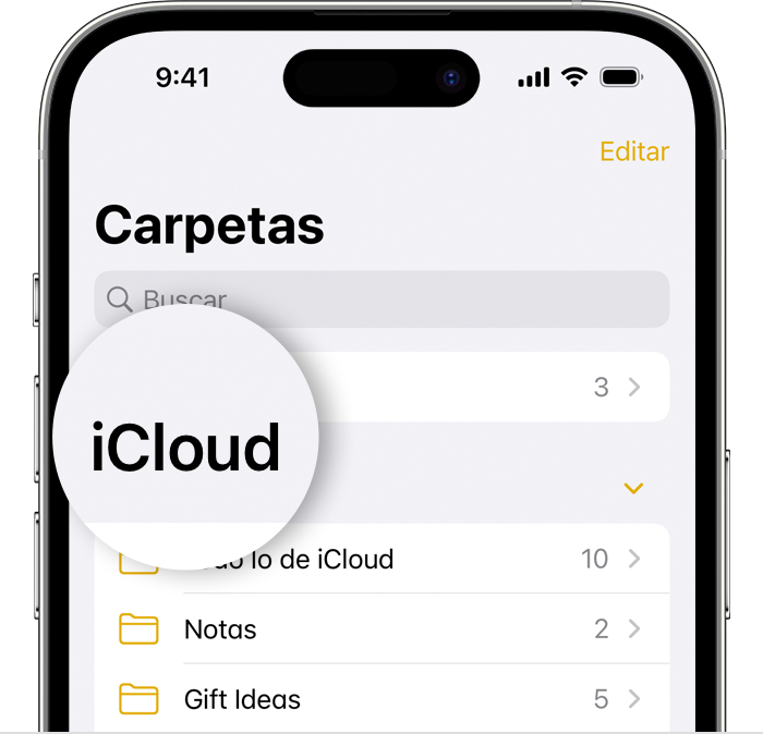 iPhone en el que se muestra la pantalla Carpetas en la app Notas con la carpeta de iCloud destacada