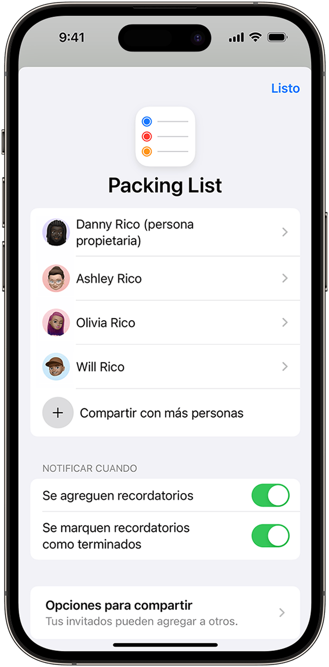 En el iPhone, puedes compartir una lista de recordatorios con tus contactos, pero cambia las notificaciones automáticas a través de las opciones de Administrar lista compartida.
