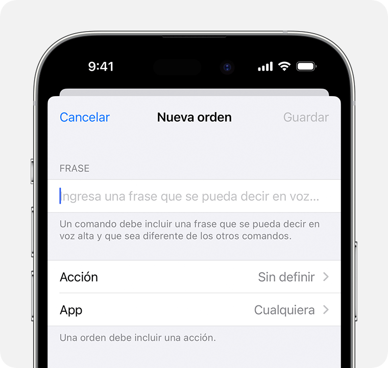 Un iPhone en el que se muestra la configuración del nuevo comando, donde puedes escribir una frase personalizada.
