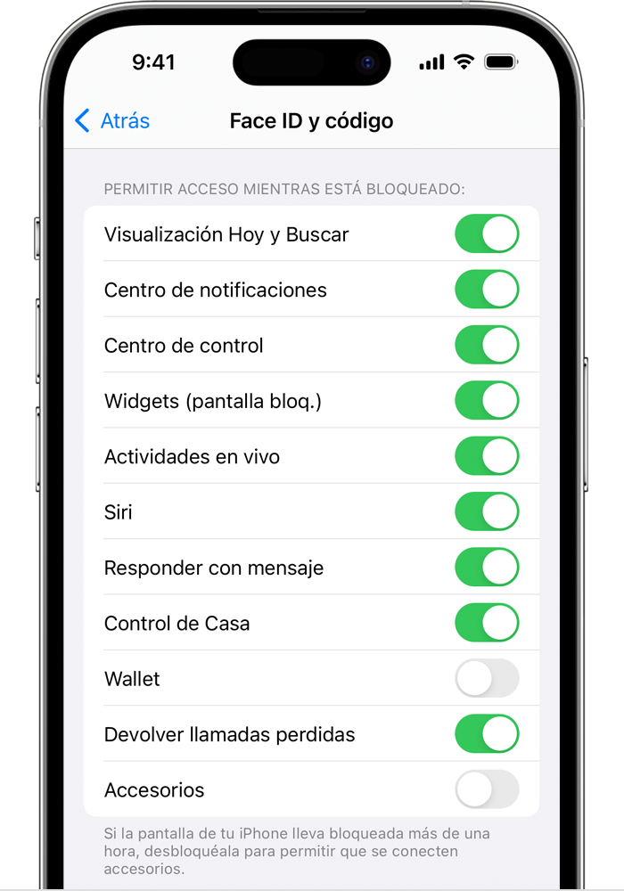 En la configuración de Face ID y código del iPhone, la opción Permitir acceso mientras está bloqueado está desactivada de forma predeterminada para Accesorios
