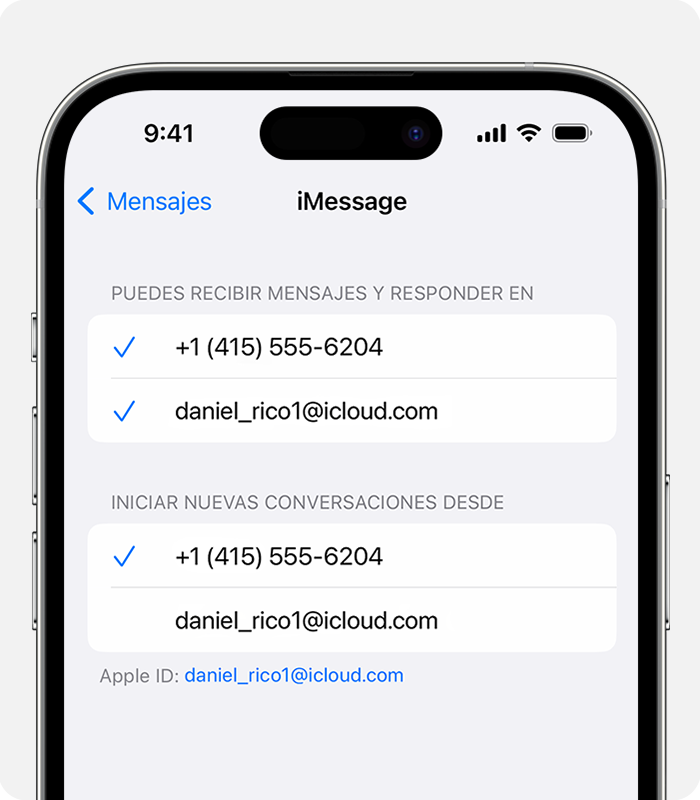 En Configuración > Mensajes > Enviar y recibir, puedes optar por usar un número de teléfono o una dirección de correo electrónico para las nuevas conversaciones.