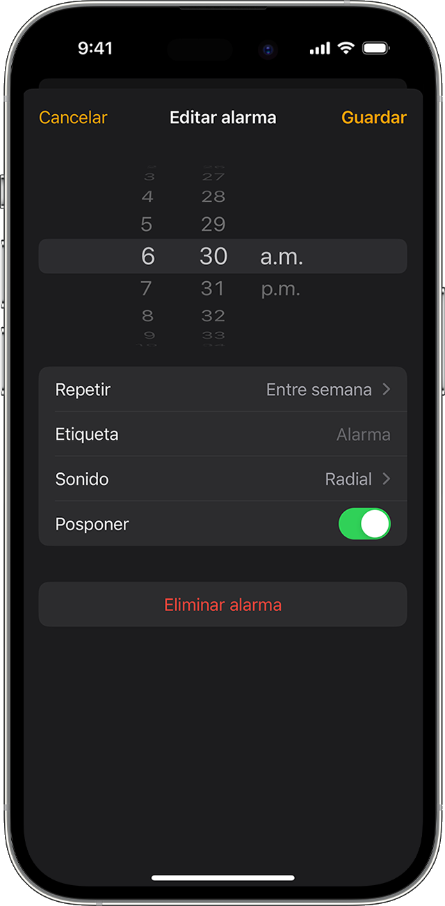 Edita una alarma en el iPhone en la app Reloj.