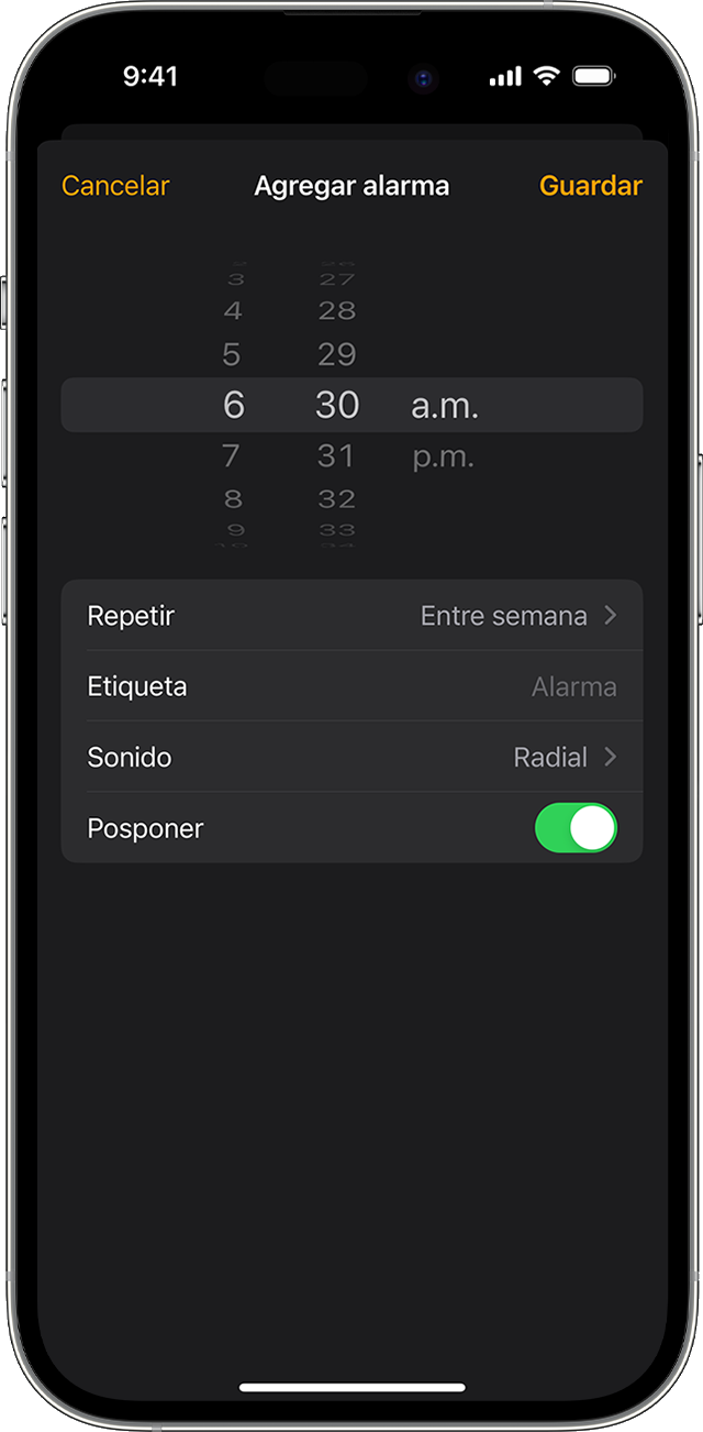 Configura una alarma en el iPhone en la app Reloj. 