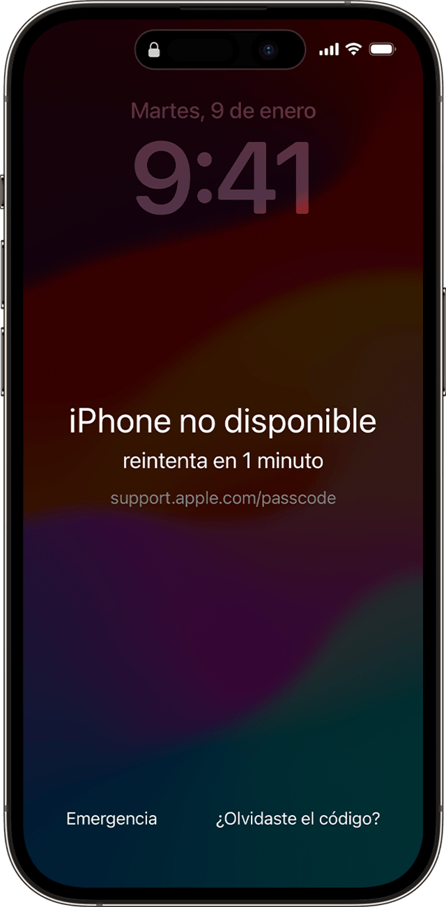 El mensaje que indica que el iPhone no está disponible aparece en un iPhone después de ingresar el código incorrectamente.