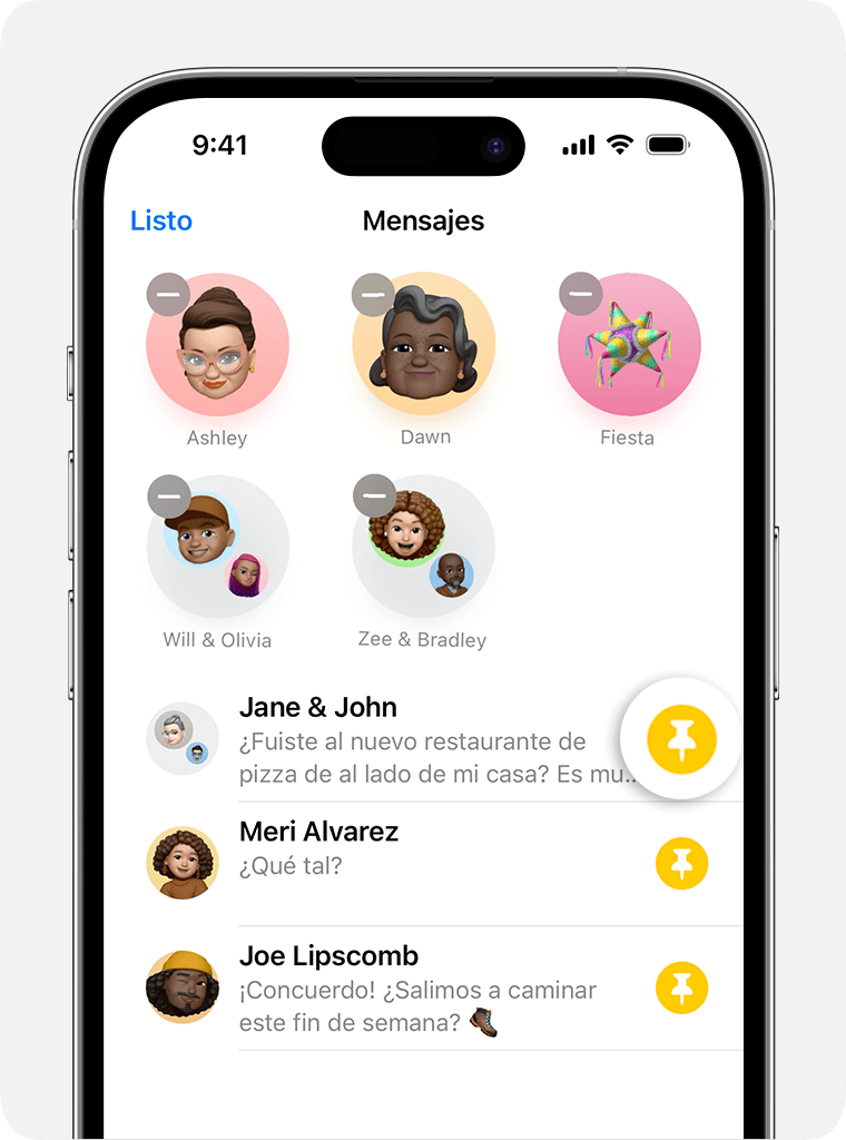 En Mensajes, usa el ícono de la chincheta para elegir qué conversaciones quieres conservar en la parte superior de la página de conversaciones.