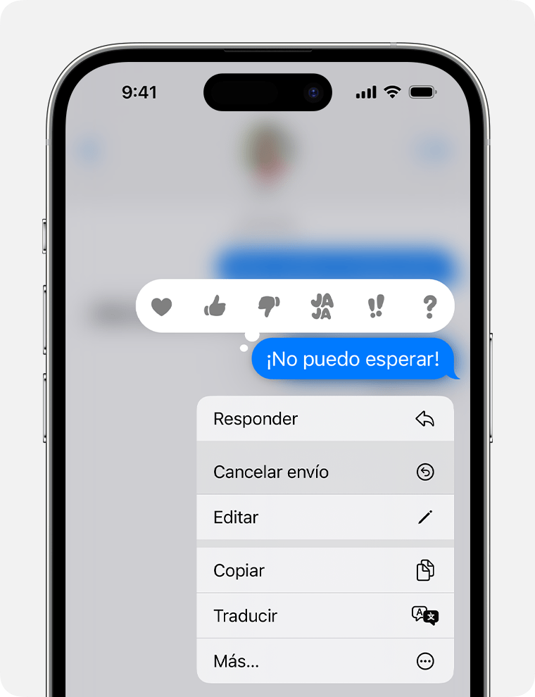 Mantén presionado un mensaje en iOS 16 o versiones posteriores para ver la opción Cancelar envío.