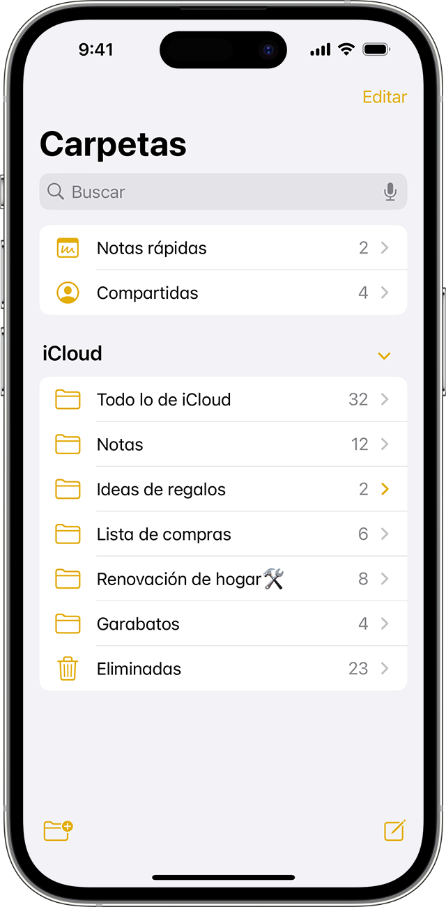 iPhone que muestra cómo crear una carpeta en la app Notas.