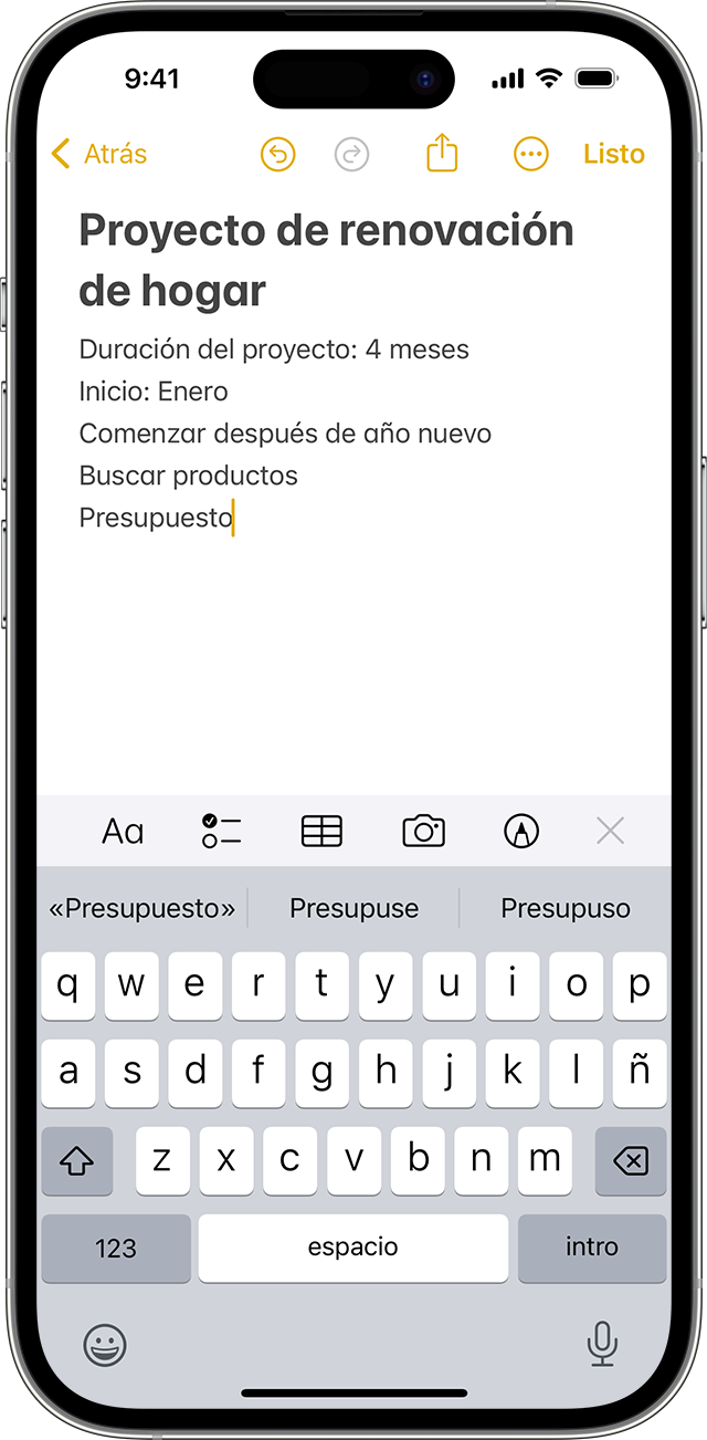 iPhone que muestra cómo crear una nota en la app Notas.