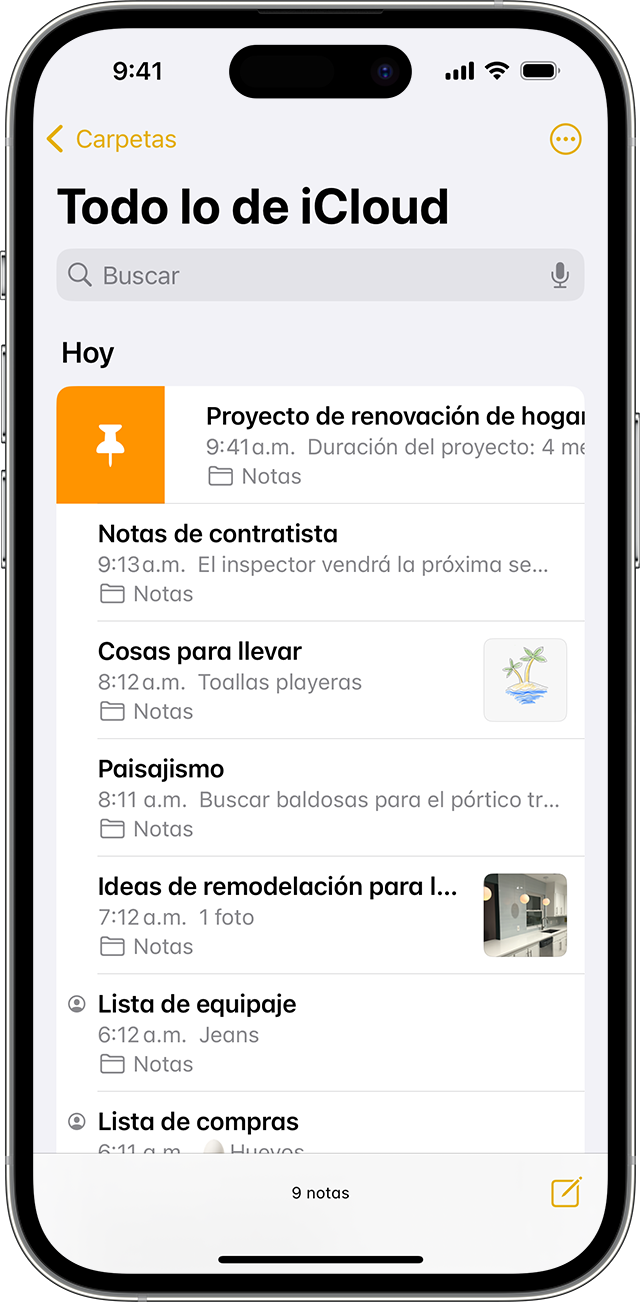iPhone que muestra cómo anclar una nota en la app Notas.