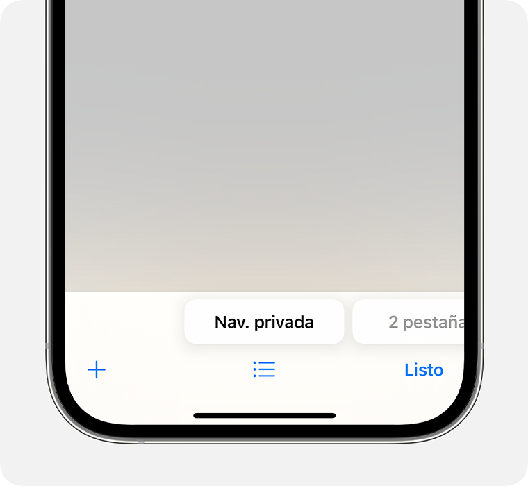 Un iPhone en el que se muestra la app Safari con el botón Pestañas privadas seleccionado.