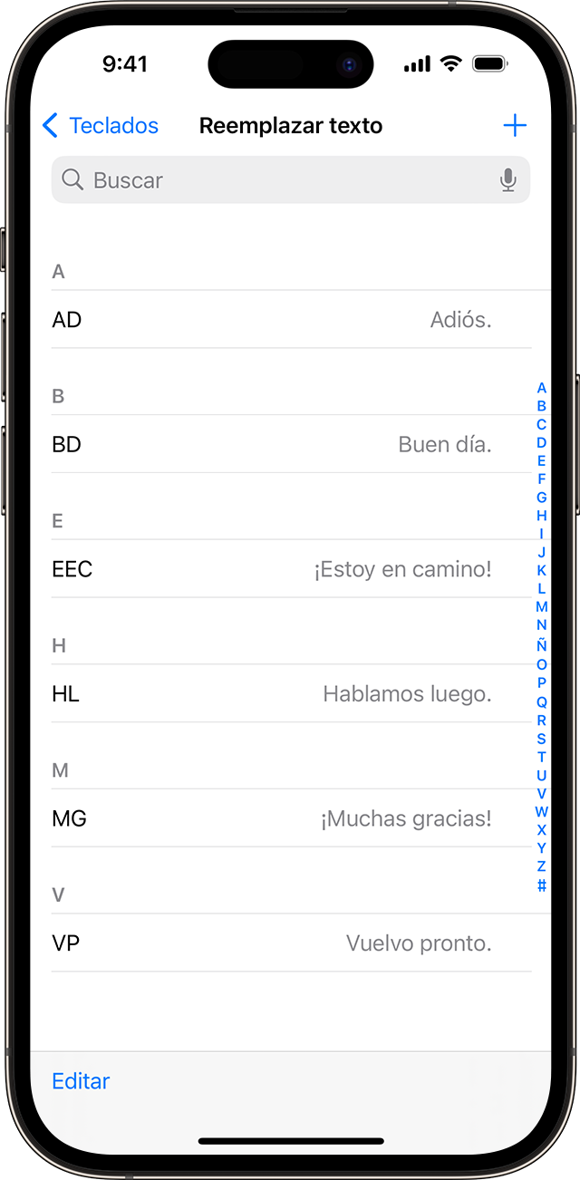 Una lista de atajos de texto configurados para usar en el iPhone.
