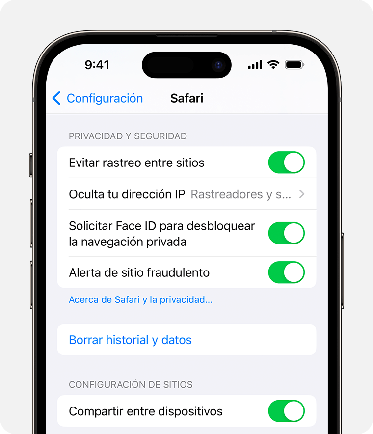 En la configuración de Safari, puedes solicitar Face ID para desbloquear las ventanas de Navegación privada.