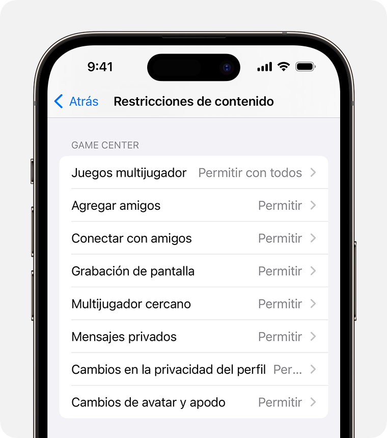 Pantalla de iPhone que muestra las opciones de restricciones de contenido para los controles parentales 