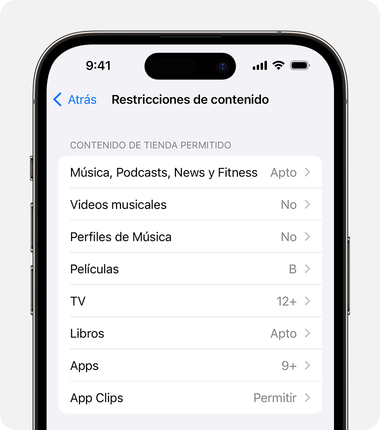 Pantalla de iPhone que muestra las opciones de restricciones de contenido 
