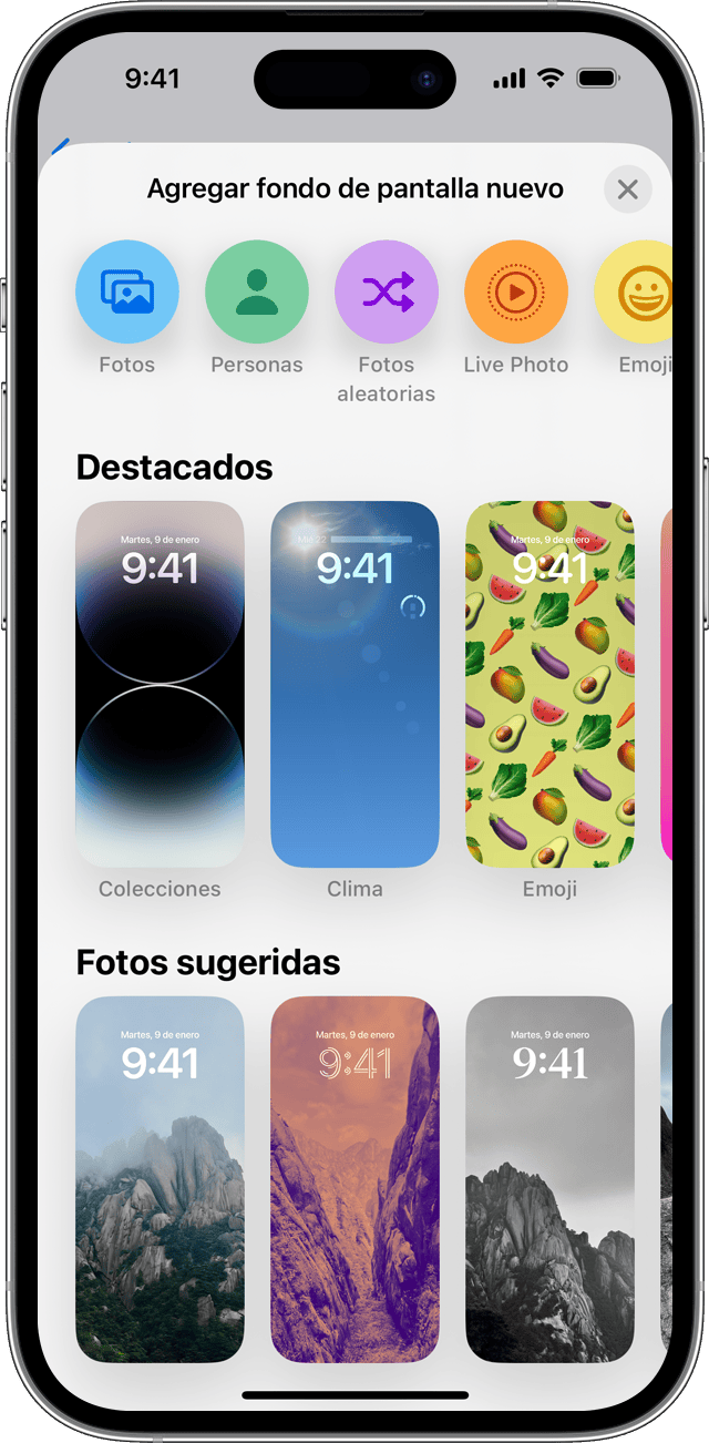 Opciones para agregar un fondo de pantalla nuevo en iOS 16.
