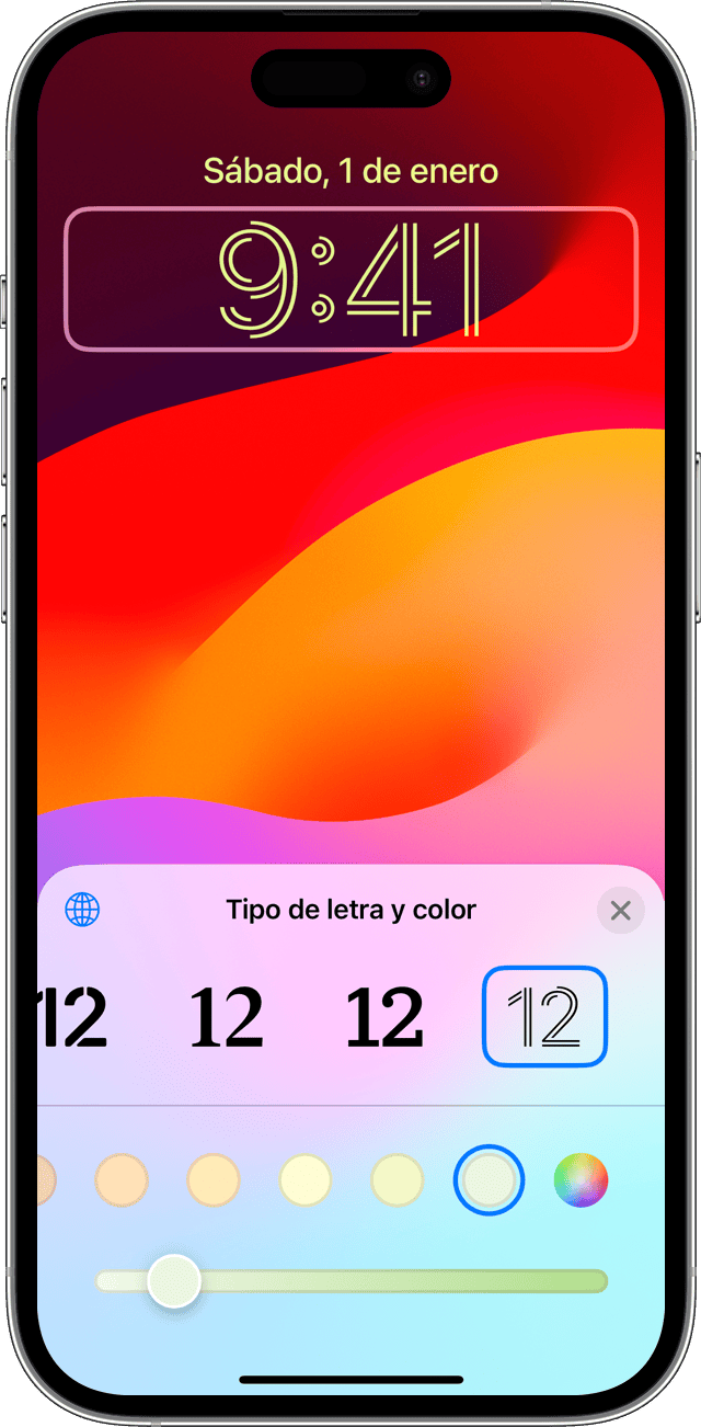 Las opciones de fuente y color para personalizar la hora se muestran en la pantalla bloqueada en iOS 17.