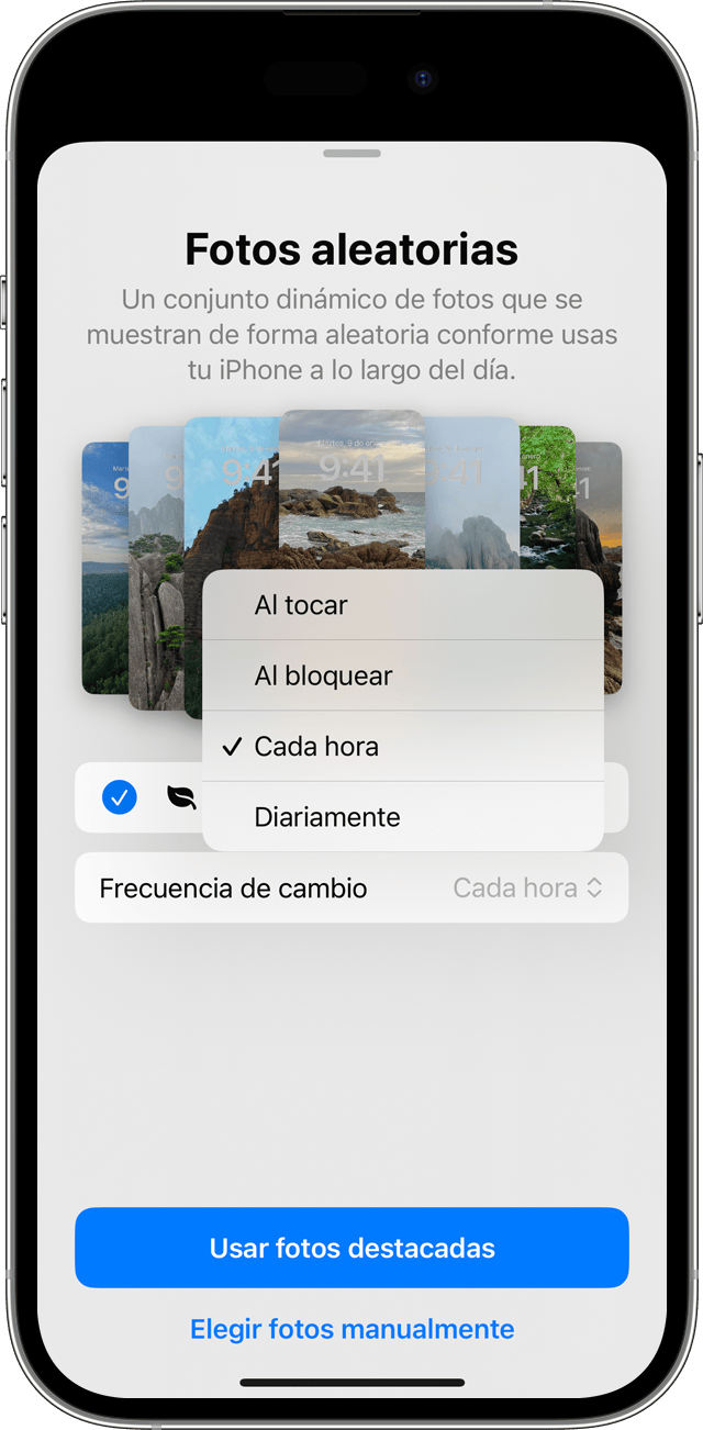Las opciones de la frecuencia de Fotos aleatorias cuando configuras varias fotos para que roten como tu pantalla bloqueada en el iPhone.