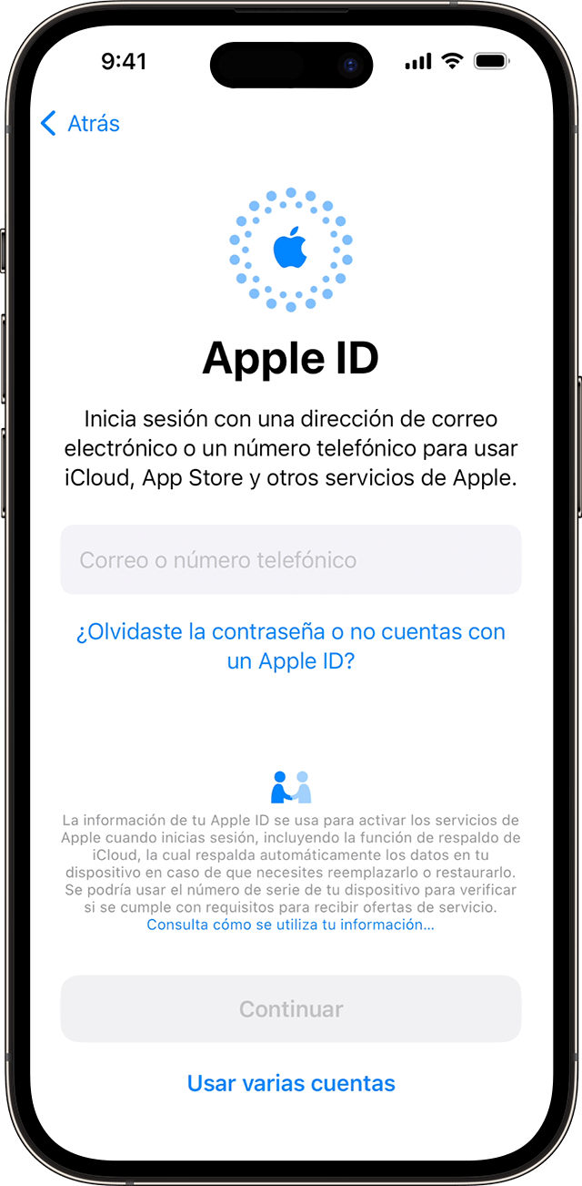 Use your email address or phone number to sign in with your Apple ID during the iPhone set up process in iOS 17.