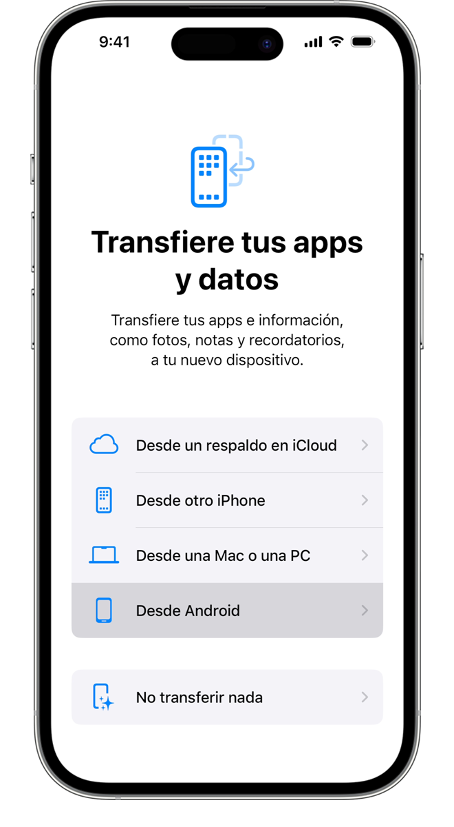 Durante el proceso de transferencia, puedes elegir qué apps e información deseas transferir.