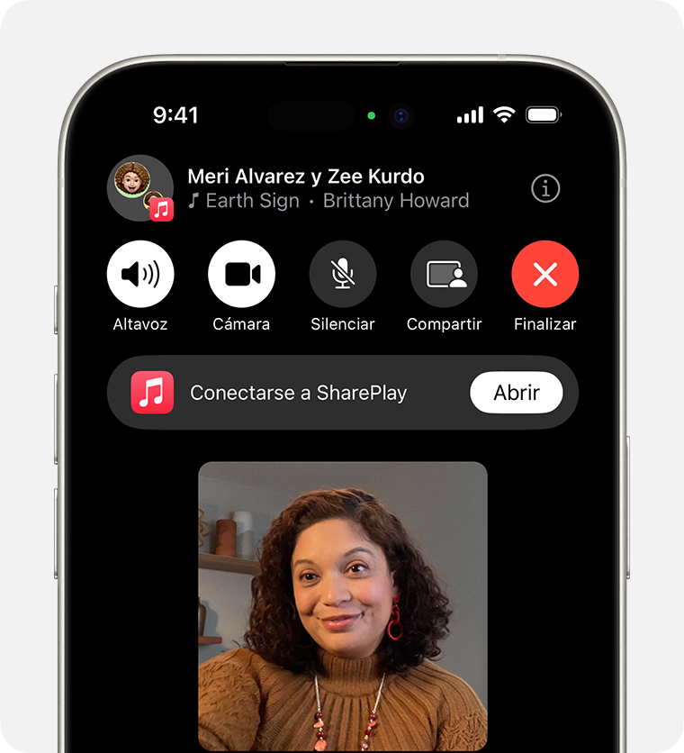 iPhone en el que se muestra la opción Únete a la sesión de SharePlay en una llamada de FaceTime.