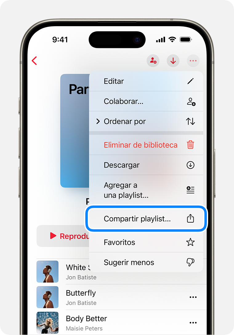 Un iPhone en el que se muestra Compartir playlist en el menú que aparece cuando tocas el botón Más