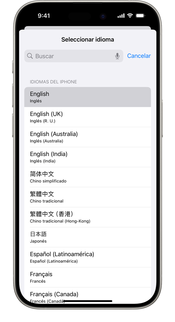 Un iPhone en el que se muestra la lista de idiomas del sistema disponibles, con el francés resaltado.