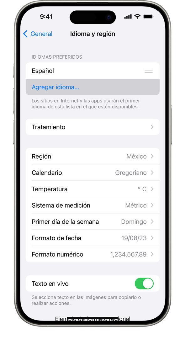 Un iPhone en el que se muestra el menú Idioma y región, con la opción Agregar idioma resaltada.